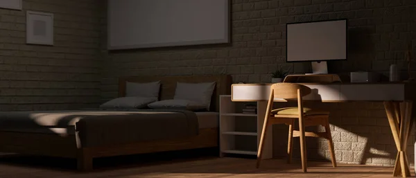 Minimal Comfortable Home Bedroom Interior Design Comfy Bed Minimal Workstation — стоковое фото
