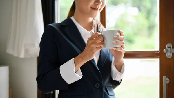 Attractive Young Asian Businesswoman Female Boss Standing Window Relaxing While — Stockfoto