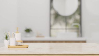 Doğal beyaz mermer banyo masası banyo aksesuarları seti ve arka plandaki bulanık minimum banyo üzerindeki ürün sergin için yer kopyalama. 3d görüntüleme, 3d illüstrasyon