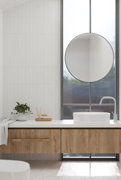 Moderní Minimální Moderní Design Interiéru Koupelny Moderním Minimálním Dřevěným Kuchyňským — Stock fotografie