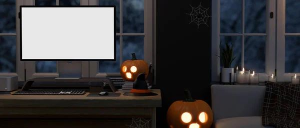 Modern home living room with workstation at Halloween night with white desktop computer mockup, accessories and Halloween decor. 3d rendering, 3d illustration