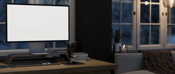 Home workstation in the living room at night with modern PC desktop computer mockup and accessories on wood table. Dark workspace image. 3d rendering, 3d illustration