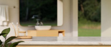 Banyo aksesuarları ve ürününüzü arka planda bulanık modern banyoda sergilemek için boş montaj alanı olan modern mermer bir masa. 3d görüntüleme, 3d illüstrasyon