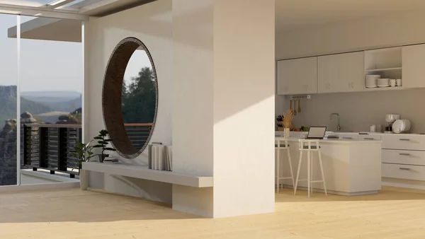 キッチンの調理スペースとリラックスしたエリアのインテリアデザインと現代的な最小限の広々とした白いアパートの廊下 3Dレンダリング 3Dイラスト — ストック写真