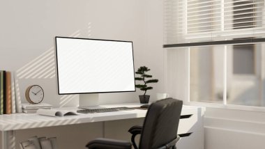 Beyaz masa üzerinde beyaz duvara karşı bilgisayar, klavye, dekor bitkileri ve benzeri şeyleri olan minimal beyaz ofis çalışma alanı iç tasarımı. 3d görüntüleme, 3d illüstrasyon