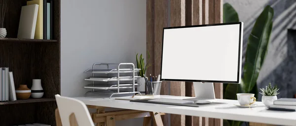 Modern Contemporary Home Workplace Office Working Desk Computer White Screen — Stock Photo, Image