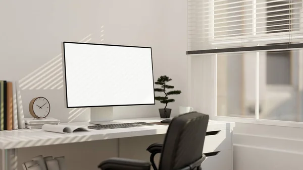 Minimal white home office workspace interior design with PC desktop computer mockup, keyboard, decor plants and stuff on the white table against the white wall. 3d rendering, 3d illustration