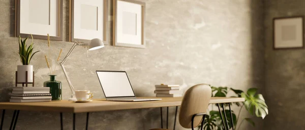 Modern Stil Tavan Arası Tasarımı Dizüstü Bilgisayar Beyaz Ekran Maketi — Stok fotoğraf