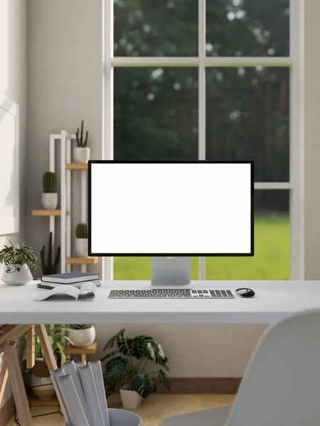 Modern home office or office studio working space interior design with modern PC computer blank screen mockup and accessories on white table against with window. 3d rendering, 3d illustration