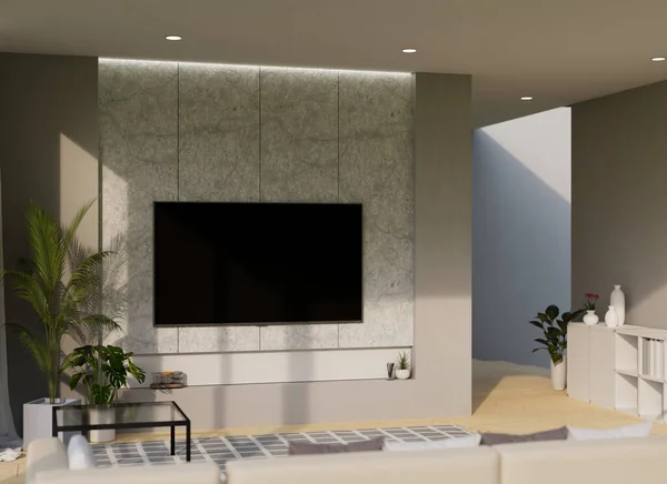 Moderno Confortevole Soggiorno Interior Design Con Comodo Divano Tavolino Piante — Foto Stock