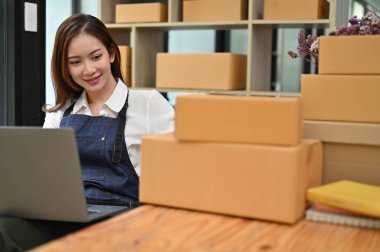 Yakışıklı Asyalı genç bayan iş sahibi dizüstü bilgisayar kullanıyor ve malzeme odasındaki nakliye paketlerini kontrol ediyor..