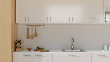 En az beyaz duvar, temel dolaplar, lavabo, bıçak tutacağı, doğrama tahtası ve çatal bıçakları olan modern mutfak iç tasarımı. 3d görüntüleme, 3d illüstrasyon