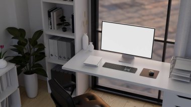 Masaüstü bilgisayarı pencereye, ofis sandalyelerine, kitaplığa ve dekora dayalı modern ofis iç tasarımı. 3d görüntüleme, 3d illüstrasyon