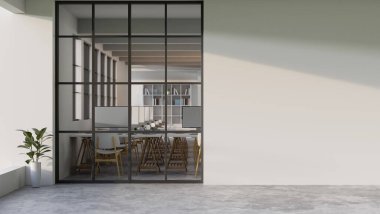 Modern ofis koridoru ya da salon iç tasarımı büyük bir pencere, kapalı bitkiler ve beyaz duvarın üzerinde boş bir alan. 3d görüntüleme, 3d illüstrasyon