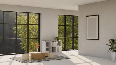Modern kentsel ve rahat oturma odasının iç tasarımı, kahve masası, tabure, kitaplık, kapalı mekanlar, büyük pencere ve çerçeve modelleri beyaz duvarda. 3d görüntüleme, 3d illüstrasyon