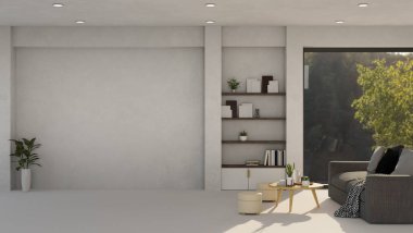 Rahat kanepesi, kahve masası, kapalı salonda bitkiler ve gri duvarda boş bir alan olan modern minimal ferah oturma odası iç tasarımı. 3d görüntüleme, 3d illüstrasyon