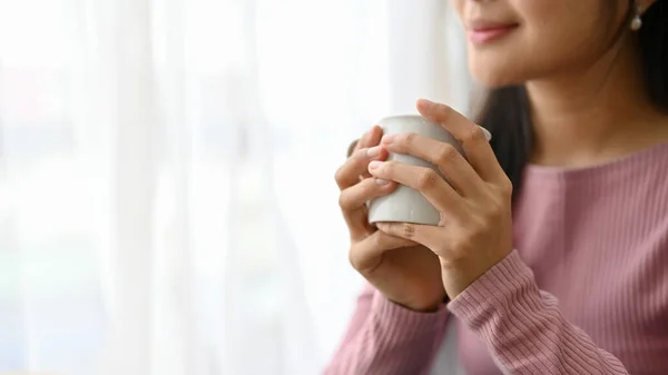 Attractive Calm Young Asian Woman Living Room Sipping Warm Morning — Stock Photo, Image