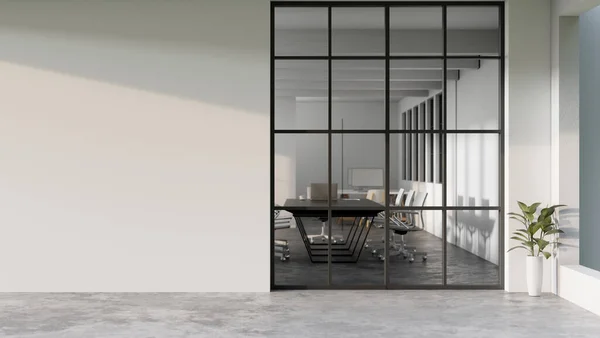 Modern minimal white office corridor or hallway interior design with a large window though the meeting room, indoor plants and empty space over the white wall. 3d rendering, 3d illustration