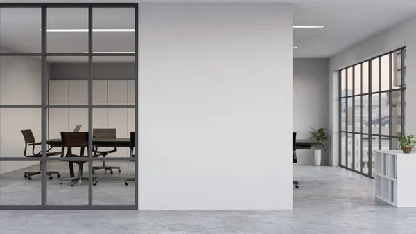 Modern office corridor or hallway interior design with empty space over the white wall and the meeting room in the background though the glass window. 3d rendering, 3d illustration