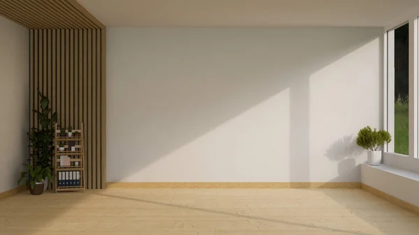 木製の棚 屋内植物や木製のスラット壁で飾られた白と木のインテリアスタイルで最小限の空の部屋 3Dレンダリング 3Dイラスト — ストック写真
