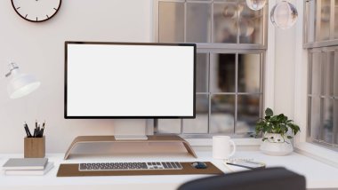 Close-up image, Office desk with modern blank PC desktop computer mockup, keyboard, mouse, coffee cup, and accessories on white table against the window. 3d rendering, 3d illustration