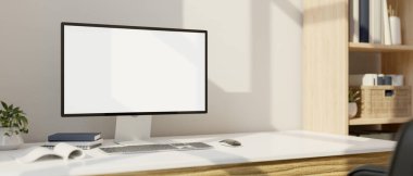 Comfortable cozy home working table with modern PC desktop computer mockup for display your graphic banner. 3d rendering, 3d illustration