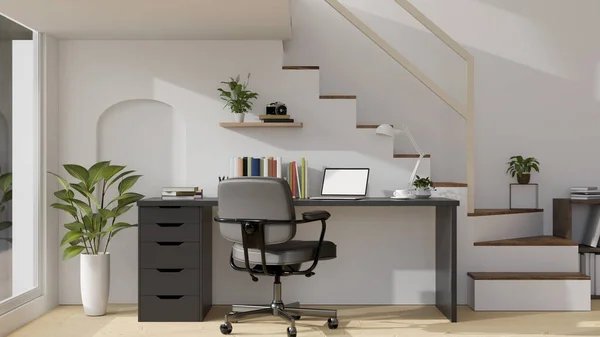 Modern Minimal Home Working Space Staircase Interior Design Laptop Mockup — ストック写真