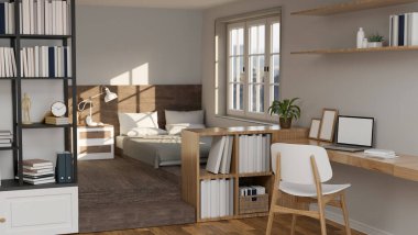 Rahat yatağı, kitaplığı, rafları, ahşap çalışma masasında dizüstü bilgisayarı, sandalyesi ve dekoru olan, çalışma merkezi iç tasarımı olan, minimal ve rahat bir ev ya da daire odası. 3d görüntüleme, 3d illüstrasyon