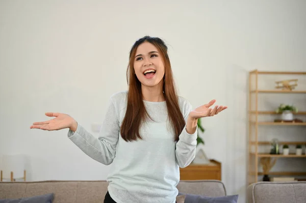 Joyful Happy Young Asian Woman Casual Outfit Having Great Time — Stock Photo, Image