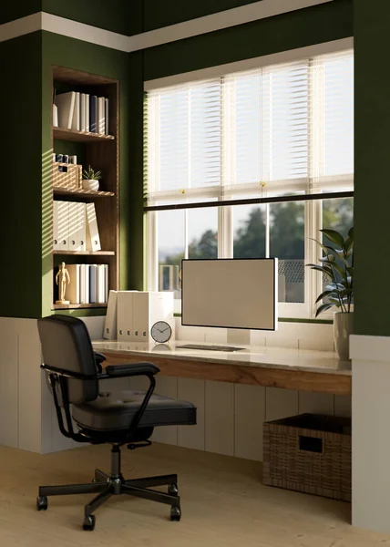 Comfortable home workspace with pc desktop white screen mockup on table against the window, office chair, home decor and green wall. 3d render, 3d illustration