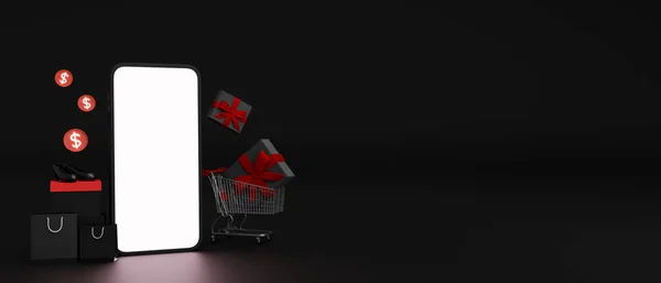 Баннер Онлайн Продажи Смартфоном Белый Экран Макет Корзина Сумки Подарочные — стоковое фото