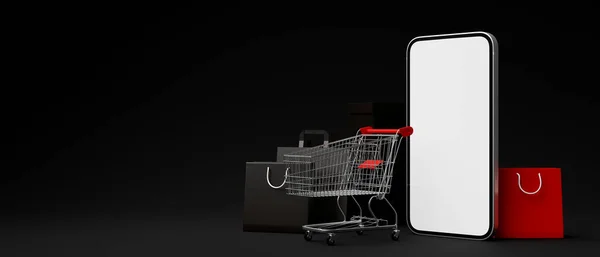 Online Shopping Achtergrond Met Smartphone Wit Scherm Mockup Winkelwagen Boodschappentassen — Stockfoto