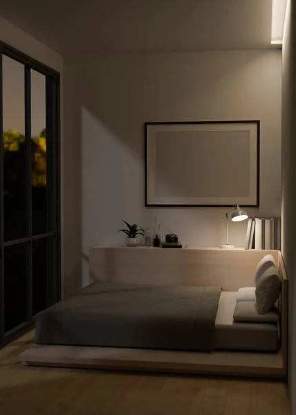 Design Interiores Quarto Mínimo Acolhedor Com Cama Confortável Luz Lâmpada — Fotografia de Stock