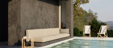 Modern, çağdaş bilardo salonu dış tasarımı bej kanepe, yan masa, plaj sandalyeleri ve güzel doğa manzaralı yüzme havuzu. 3d görüntüleme, 3d illüstrasyon