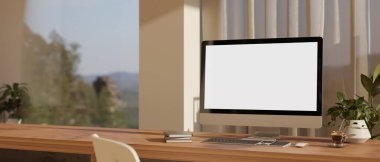 Pencereye karşı İskandinav konforlu çalışma alanı. Masaüstü bilgisayar beyaz ekran modeli ve aksesuarları ahşap masada. 3d görüntüleme, 3d illüstrasyon