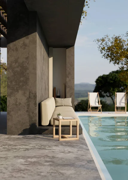 Moderno Luxo Loft Piscina Villa Design Exterior Com Piscina Sofá — Fotografia de Stock