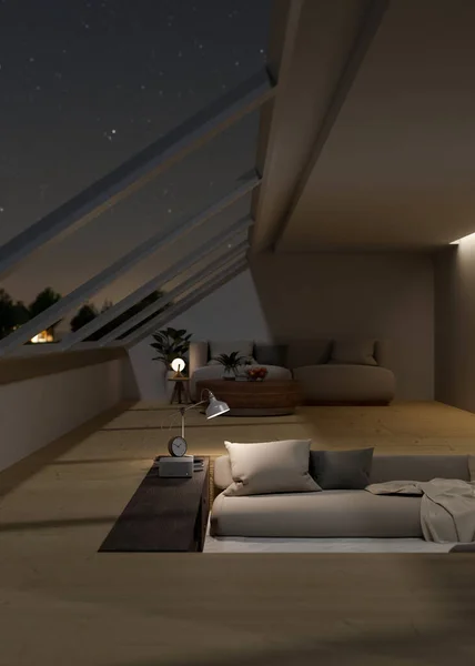 Modern Urban Sunken Living Room Interior Beautiful Night Sky Skylight — Stock Photo, Image
