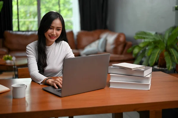 Attractive Young Asian Female College Student Working Her Project Her — Stock Photo, Image