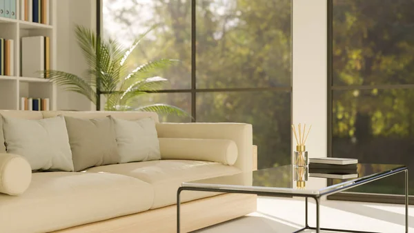 Minimal Comfortable Living Room Interior Design Comfortable Beige Couch Window — Stock Photo, Image