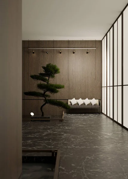 Luxury Contemporary Japanese Zen Hallway Interior Design Sofa Bonsai Tree — Stock Photo, Image