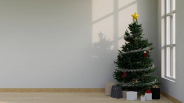 Noel ağacı, süsler, hediye kutuları ve beyaz duvara karşı ahşap zemin üzerinde ürünleriniz için boş bir yer olan boş bir oturma odası. 3d görüntüleme, 3d illüstrasyon