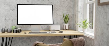 Boş bilgisayar, klavye, kulaklık, kamera ve dekor bitkileriyle birlikte çimento duvarına karşı ahşap masa tasarımı. 3d görüntüleme, 3d illüstrasyon