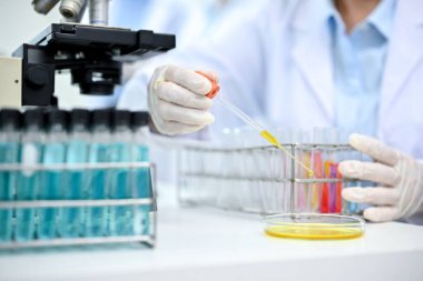 Profesyonel kimyager ya da bilim adamı laboratuardaki sıvı kimyasal örnekleri test tüplerinde ayarlamak için bir damla tüpü kullanır..