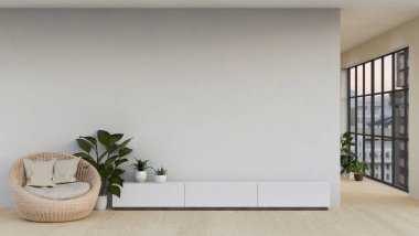 Hasır koltuğu, kapalı bitki örtüsü ve ürün sergisi için beyaz duvarın üzerinde beyaz bir televizyon dolabında bulunan modern, minimal oturma odası iç tasarımı. 3d görüntüleme, 3d illüstrasyon