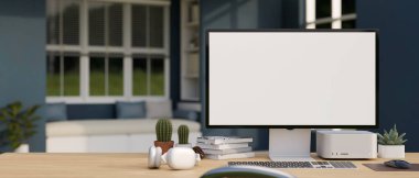 Masaüstü çalışma alanı. Masaüstü bilgisayar beyaz ekran modeli, aksesuarlar ve arka plandaki modern modern oturma odasının üstündeki tahta masa üzerindeki kopyalama alanı. 3d görüntüleme, 3d illüstrasyon