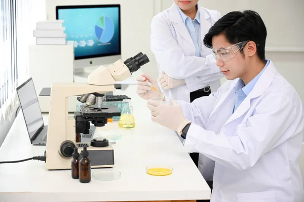 Professional Young Asian Male Scientist Adjust Specimen Petri Dish Doing — Stock Photo, Image