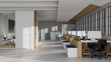 Modern çağdaş ofis içerisine ön bakışta bir dizi bilgisayar masası, ofis sandalyeleri, ofis malzemeleri ve modern toplantı odası var. 3d görüntüleme, 3d illüstrasyon