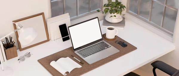 Minimal working space with laptop computer white screen mockup, book, stationery, coffee mug, and decor on tabletop near the window. above view. 3d rendering, 3d illustration