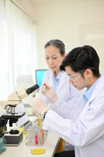 Científico Asiático Joven Concentrado Químico Que Trabaja Laboratorio Ajustar Nuevo —  Fotos de Stock