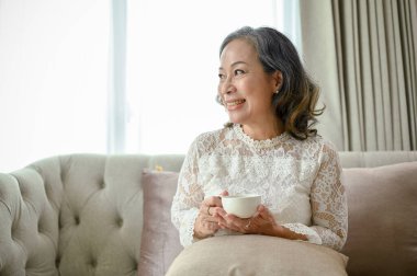 Yakışıklı Asyalı kadın rahat bir kanepeye oturur, sabah kahvesini içer ya da çay içer, pencereden bakar, oturma odasında dinlenir..
